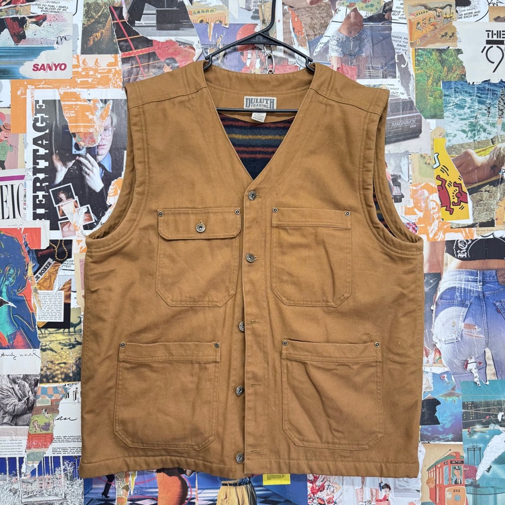 Duluth Trading Co Flannel Lined‎ Work Vest Men's Canvas Utility Outdoor Size L